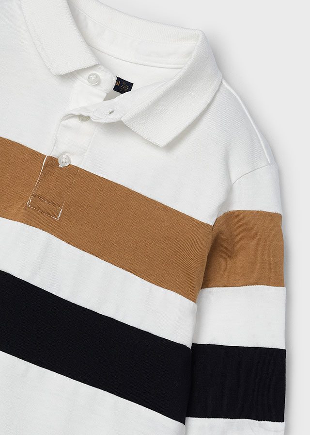 Mayoral Boys Cream Striped Long Sleeved Polo Shirt Top | New Season