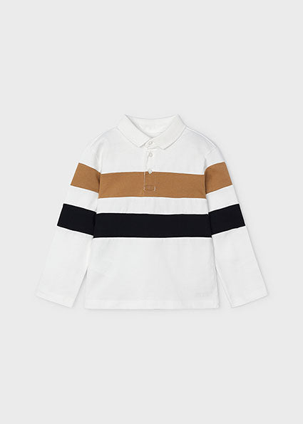 Mayoral Boys Cream Striped Long Sleeved Polo Shirt Top | New Season