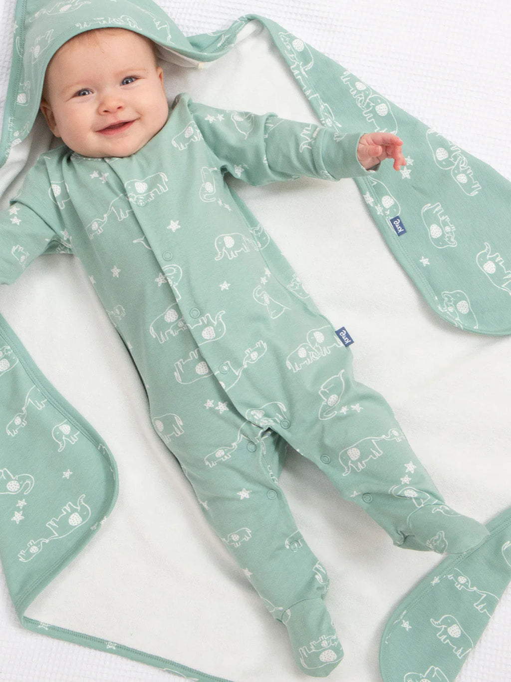 Kite Clothing Ele and Me Baby Sleepsuit Elephant Sage Green Unisex Baby  | New Season