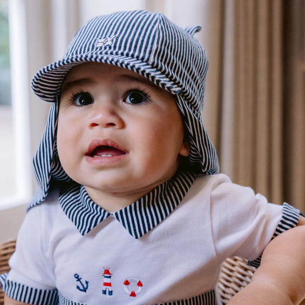 Emile et Rose Navy Striped  Baby Sun Hat with Ears and Neck Protection | Sale