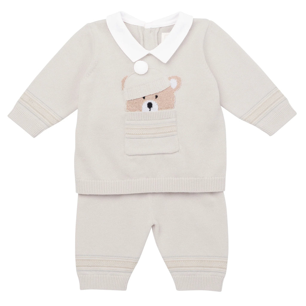 Emile et Rose Hudson Baby Boys Stone Beige Knitted Teddy Outfit St and Hat | New In