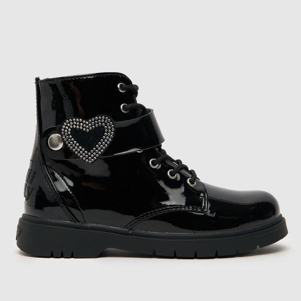 Lelli Kelly Black Patent Winter Boots Diamante Stella Heart Girls