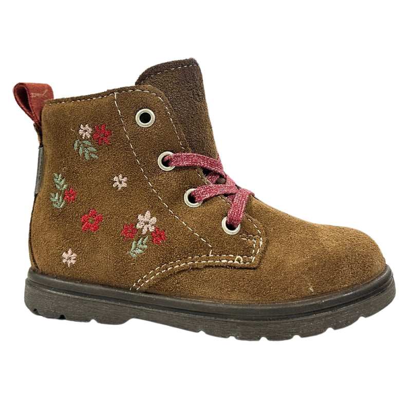 Ricosta Girls Kastanie Velour Waterproof Brown Lace Up Ankle Boots Embroidered Flowers | New In