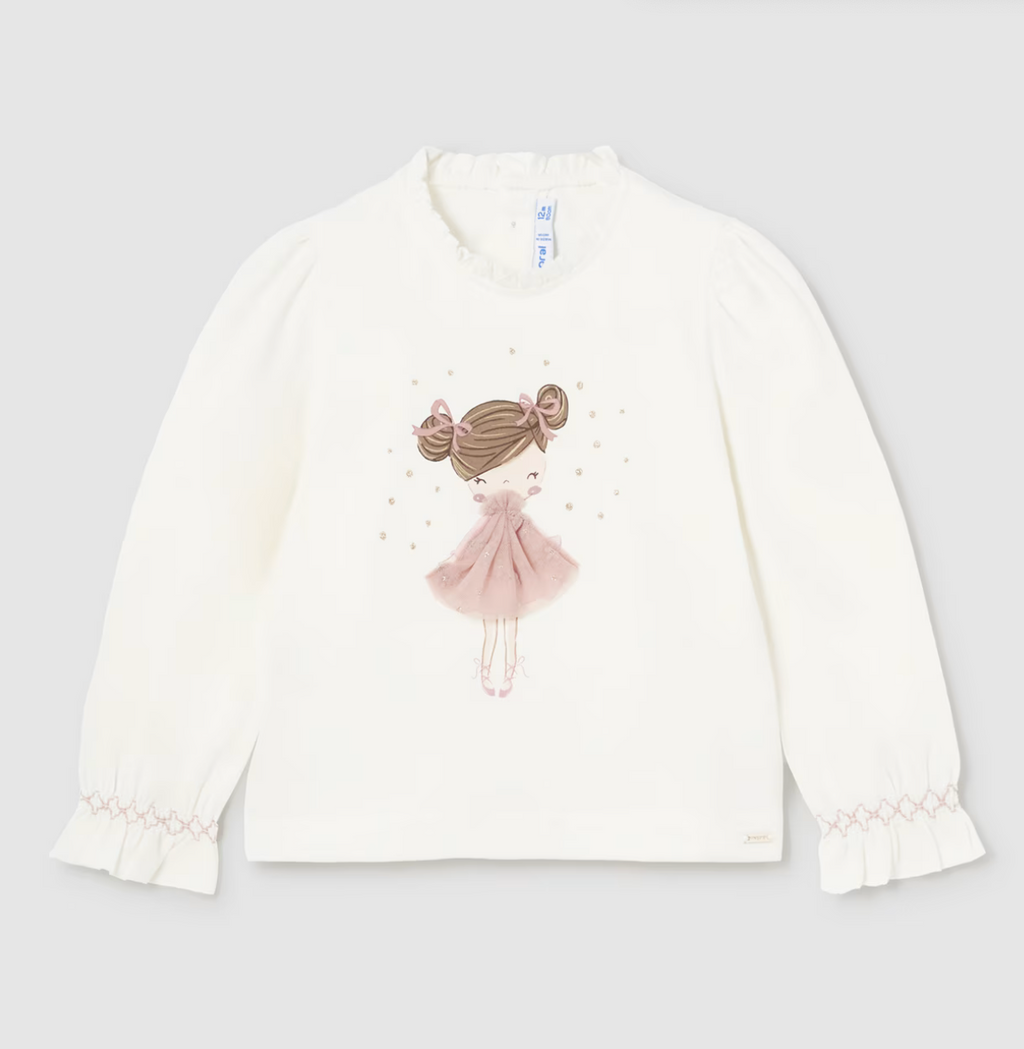 Mayoral Girls Long Sleeved Tulle Appliqué White and Pink T-shirt | New In