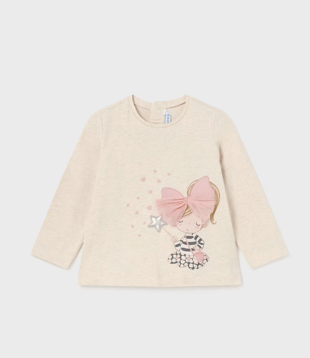 Mayoral Girls Beige Applique Long Sleeved Pink Bow Cotton Top | New In