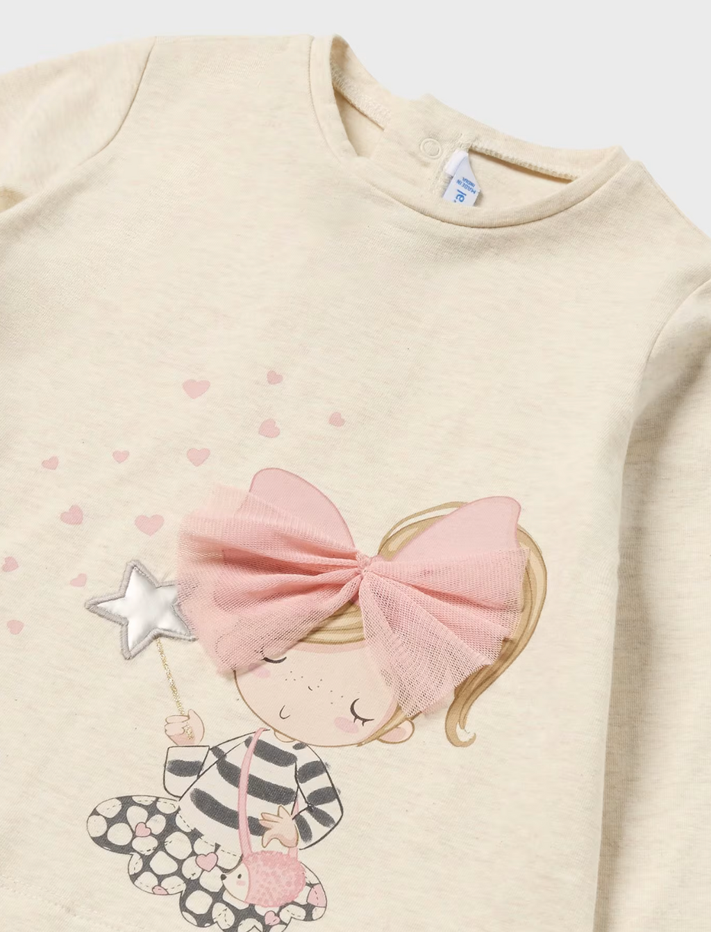 Mayoral Girls Beige Applique Long Sleeved Pink Bow Cotton Top | New In