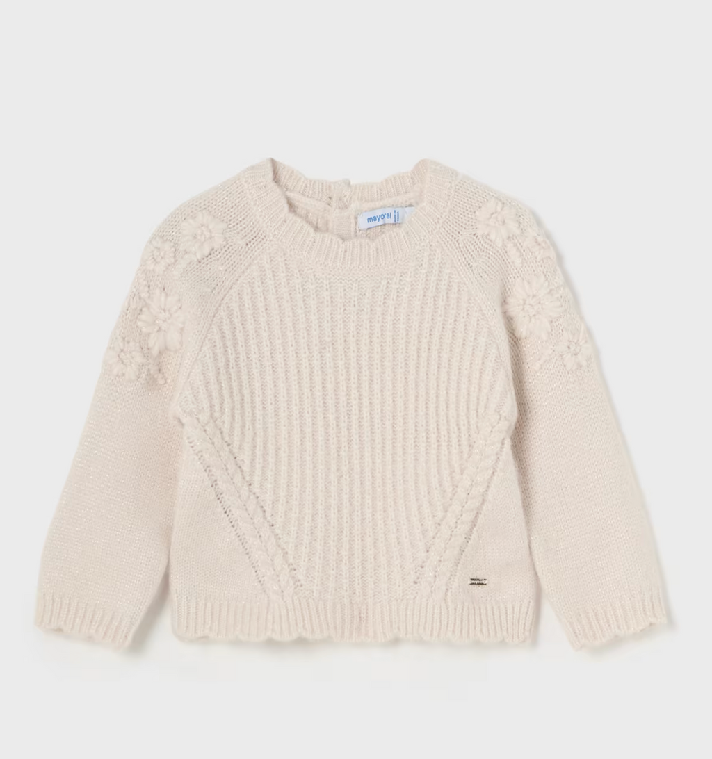 Mayoral Girls Embroidered Flower Knitted Beige Jumper | New In