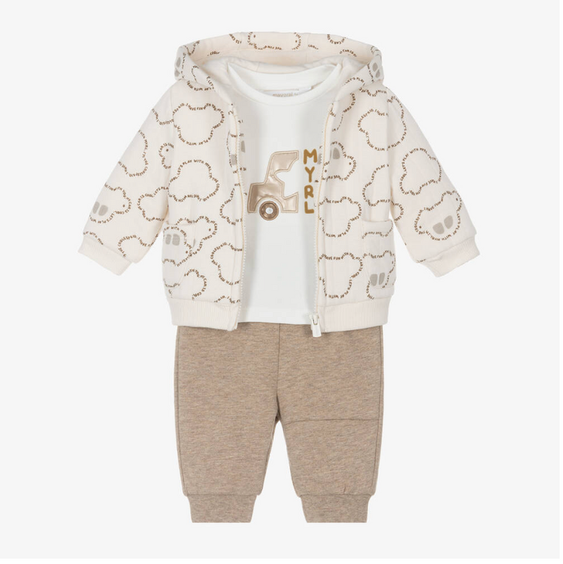 Mayoral Newborn Baby Boys Cotton Beige Tracksuit Outfit 3 Piece Set | New In