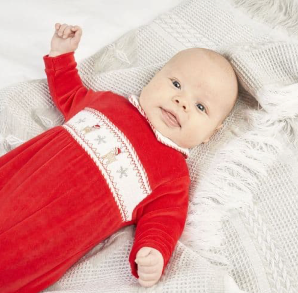 Dandelion Baby First Christmas Red Velour Sleepsuit Little Reindeer Embroidery