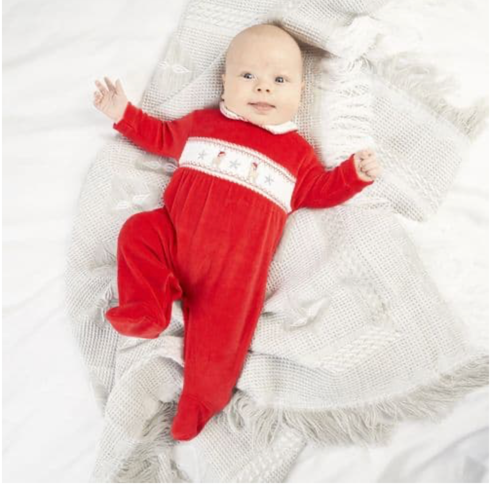 Dandelion Baby First Christmas Red Velour Sleepsuit Little Reindeer Embroidery