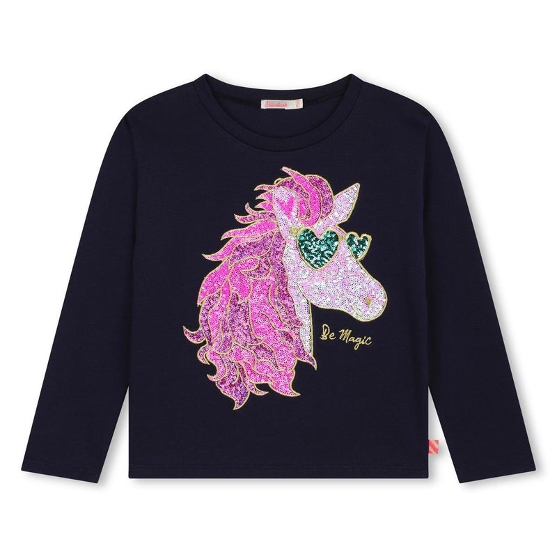 Billieblush Girls Navy Cotton Unicorn Long Sleeved Top | New Season