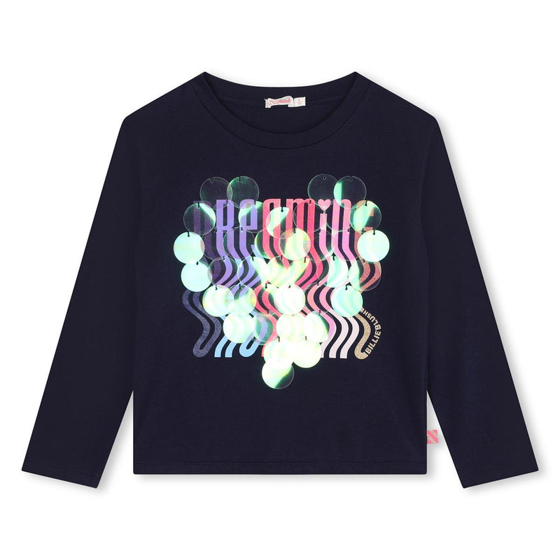 Billieblush Girls Navy Cotton Blue Sequin Mermaid Long Sleeved Top | NEW SEASON