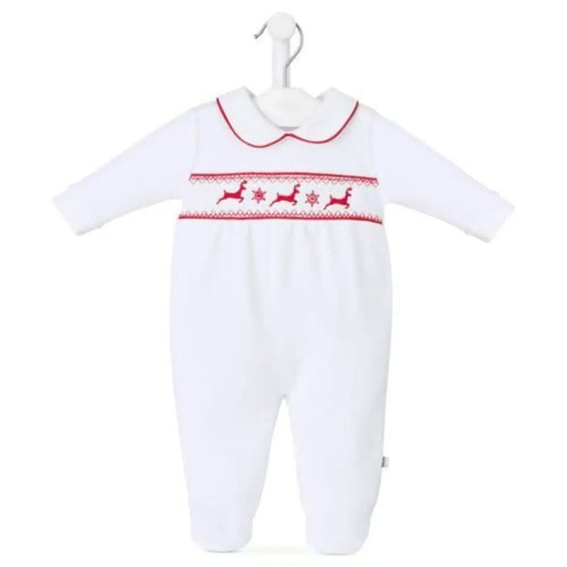 Dandelion Baby First Christmas White Velour Sleepsuit Little Reindeer Embroidery