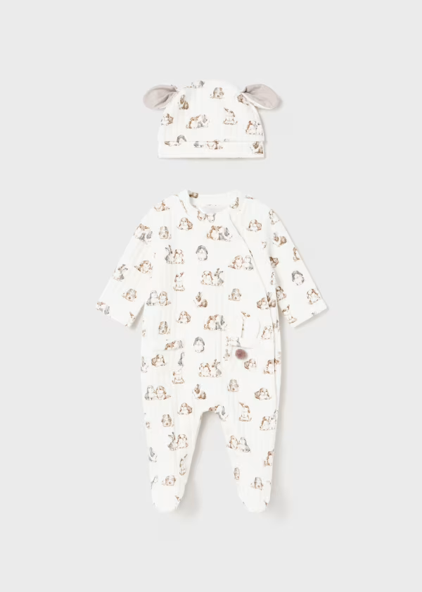 Mayoral Ivory Cotton Bunny Babysuit Set with Hat - Sleepsuit | New In