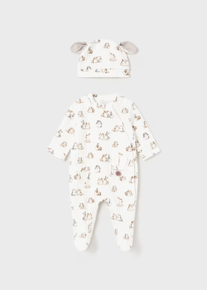 Mayoral Ivory Cotton Bunny Babysuit Set with Hat - Sleepsuit | New In