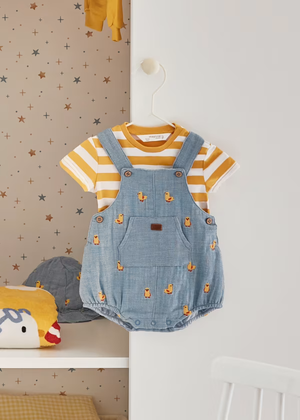 Mayoral Baby 2 Piece Short Dungaree & T-shirt Set Duck Easter Outfit | Sale