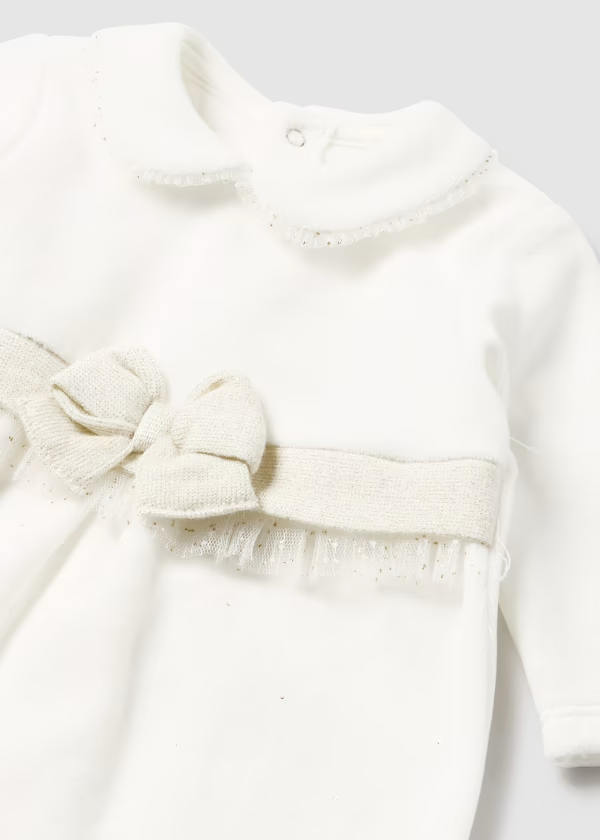 Mayoral Baby Girls White and Gold Bow Sleepsuit with Beret