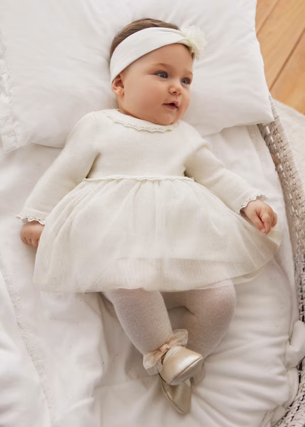 Mayoral Baby Girls Combine Tuelle Tutu Knit Dress White and Gold | New Season