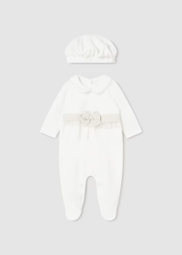 Mayoral Baby Girls White and Gold Bow Sleepsuit with Beret