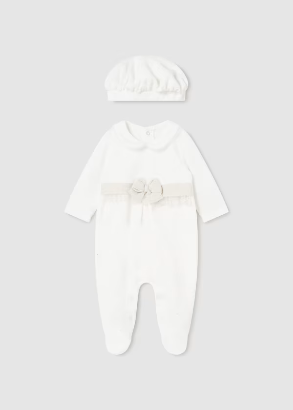 Mayoral Baby Girls White and Gold Bow Sleepsuit with Beret | Christmas Outfit | New In