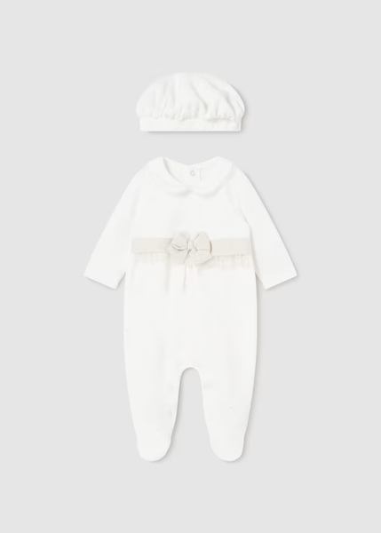 Mayoral Baby Girls White and Gold Bow Sleepsuit with Beret | Christmas Outfit | SALE