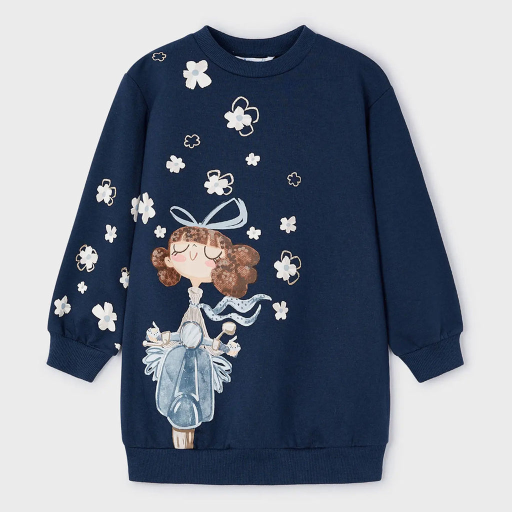 Mayoral Printed Girls Navy Night Cotton Sweatshirt Dress | New Season