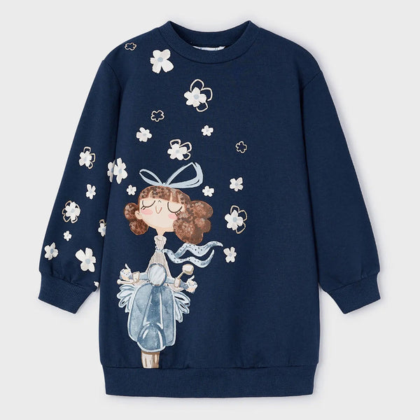 Mayoral Printed Girls Navy Night Cotton Sweatshirt Dress | SALE